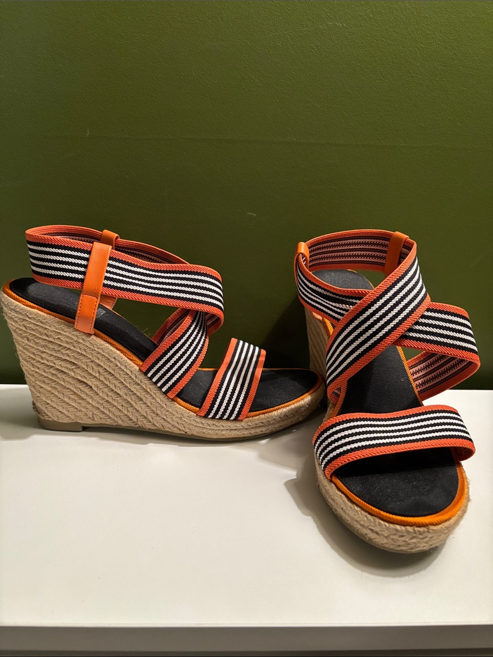 Impo Stretch Orange Black & White Striped Espadrille Wedge Sandals